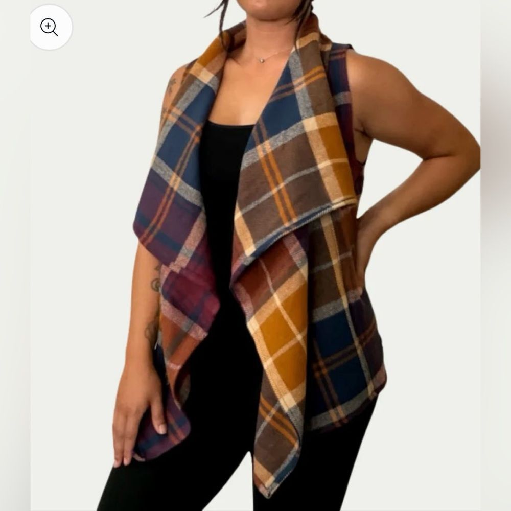 Natural Reflections Plaid Sweater Open Vest-Bestie Vestie in Shades of Fall